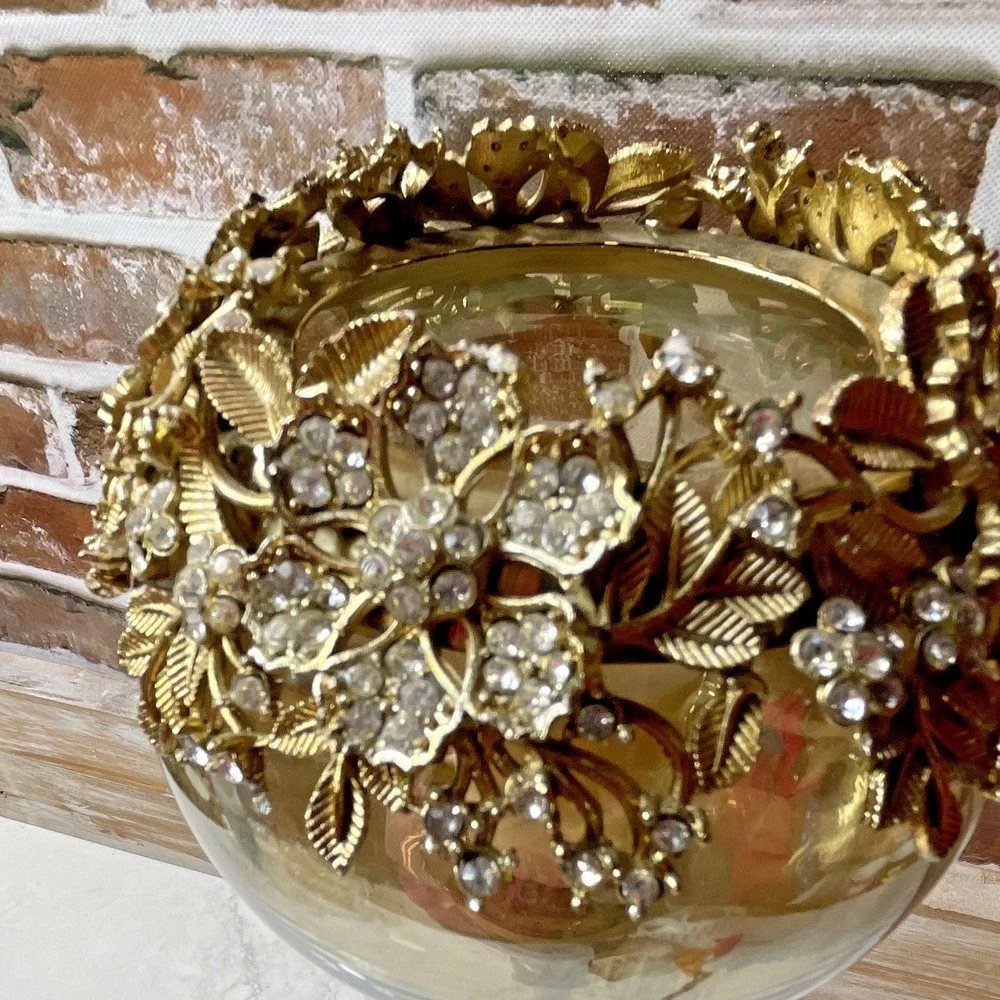 Gold Metal Clear Glass Floral Rhinestone Rim Pedestal Globe Hurricane Holder